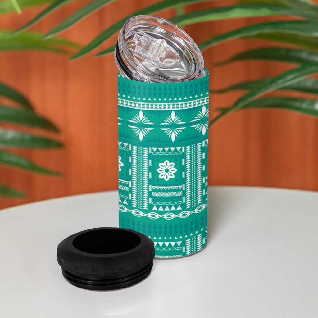 Fiji Masi All Teal 4 in 1 Can Cooler Tumbler Tapa Pattern - Polynesian Pride