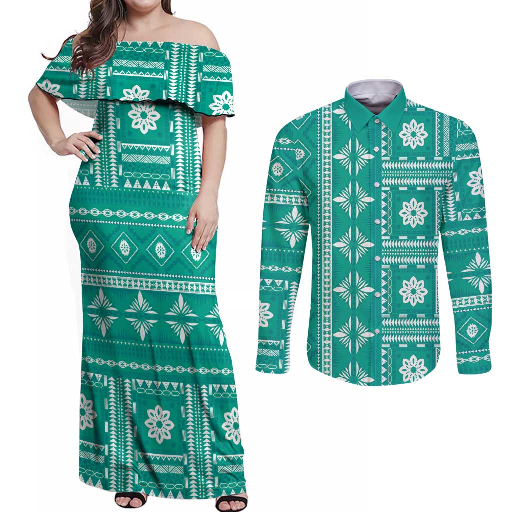 Fiji Masi All Teal Couples Matching Off Shoulder Maxi Dress and Long Sleeve Button Shirt Tapa Pattern - Polynesian Pride