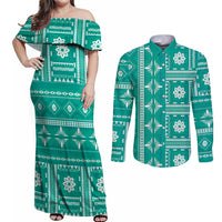 Fiji Masi All Teal Couples Matching Off Shoulder Maxi Dress and Long Sleeve Button Shirt Tapa Pattern - Polynesian Pride