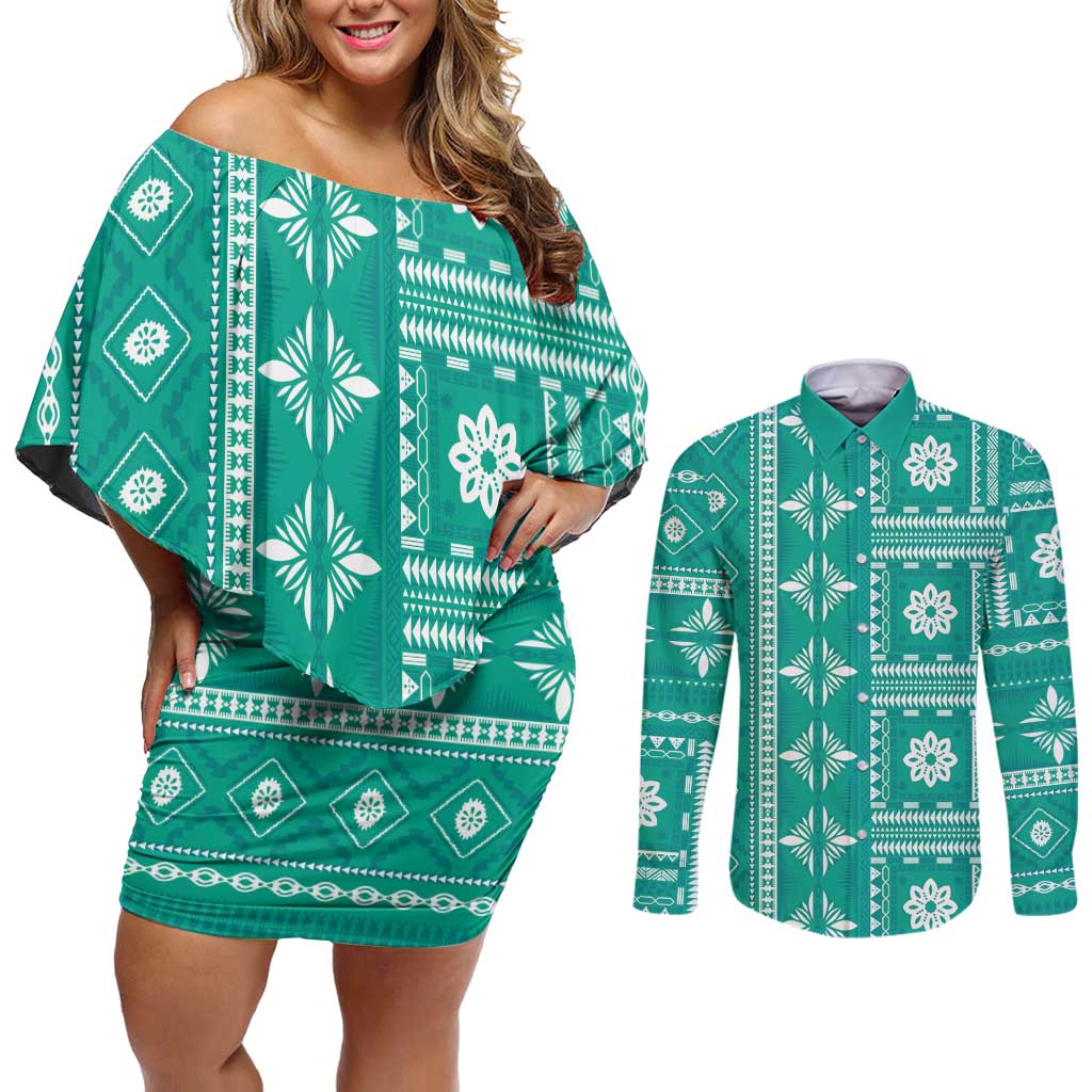 Fiji Masi All Teal Couples Matching Off Shoulder Short Dress and Long Sleeve Button Shirt Tapa Pattern - Polynesian Pride