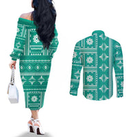 Fiji Masi All Teal Couples Matching Off The Shoulder Long Sleeve Dress and Long Sleeve Button Shirt Tapa Pattern - Polynesian Pride