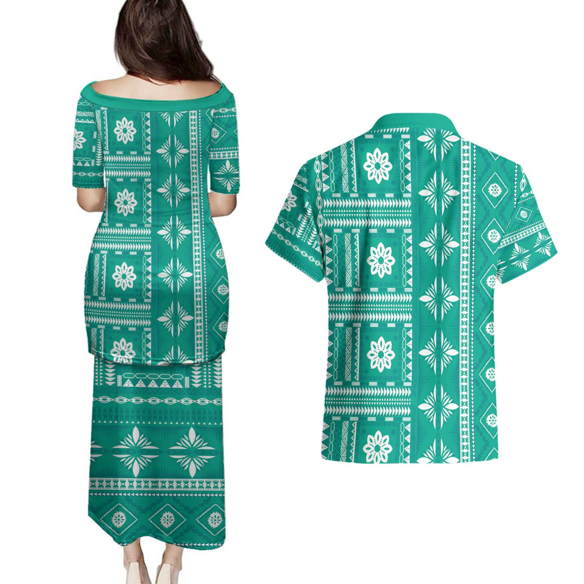 Fiji Masi All Teal Couples Matching Puletasi and Hawaiian Shirt Tapa Pattern - Polynesian Pride