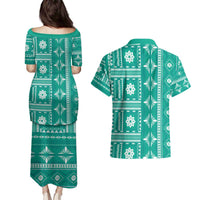 Fiji Masi All Teal Couples Matching Puletasi and Hawaiian Shirt Tapa Pattern - Polynesian Pride