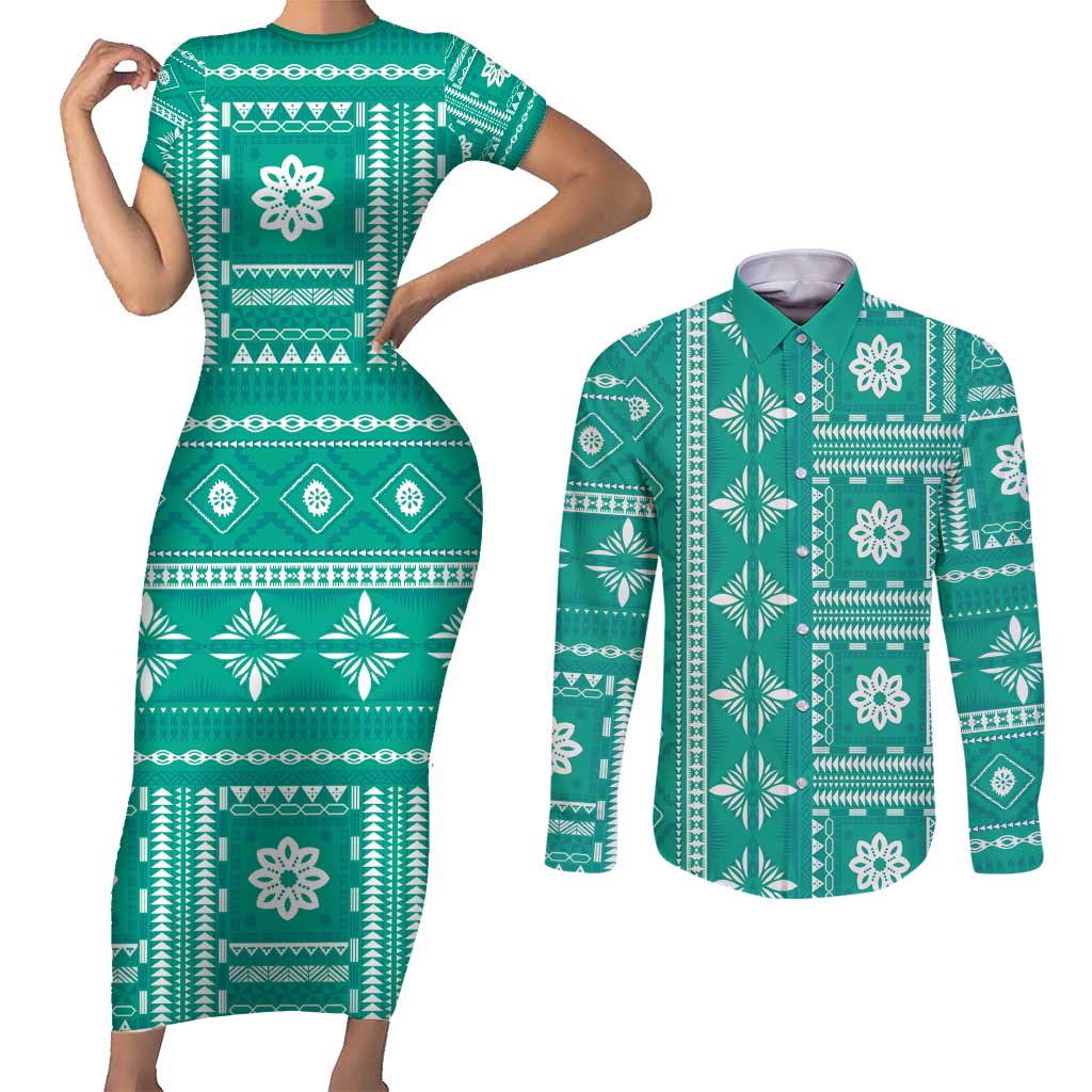 Fiji Masi All Teal Couples Matching Short Sleeve Bodycon Dress and Long Sleeve Button Shirt Tapa Pattern - Polynesian Pride