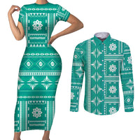 Fiji Masi All Teal Couples Matching Short Sleeve Bodycon Dress and Long Sleeve Button Shirt Tapa Pattern - Polynesian Pride