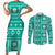 Fiji Masi All Teal Couples Matching Short Sleeve Bodycon Dress and Long Sleeve Button Shirt Tapa Pattern - Polynesian Pride
