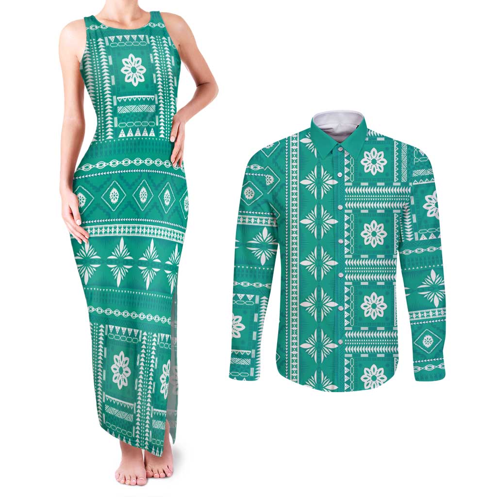 Fiji Masi All Teal Couples Matching Tank Maxi Dress and Long Sleeve Button Shirt Tapa Pattern - Polynesian Pride