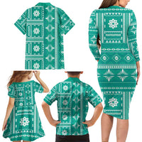 Fiji Masi All Teal Family Matching Long Sleeve Bodycon Dress and Hawaiian Shirt Tapa Pattern - Polynesian Pride