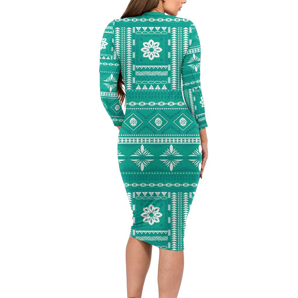 Fiji Masi All Teal Family Matching Long Sleeve Bodycon Dress and Hawaiian Shirt Tapa Pattern - Polynesian Pride