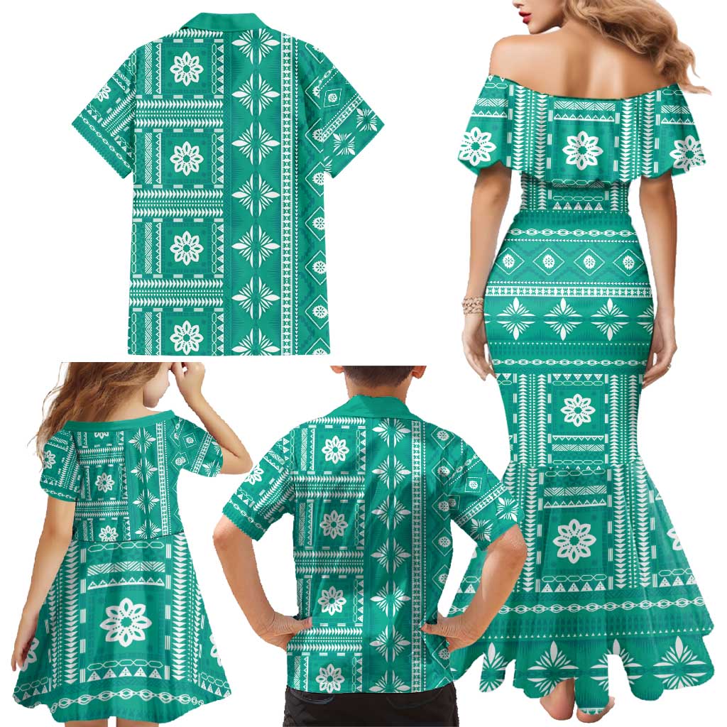 Fiji Masi All Teal Family Matching Mermaid Dress and Hawaiian Shirt Tapa Pattern - Polynesian Pride