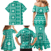 Fiji Masi All Teal Family Matching Mermaid Dress and Hawaiian Shirt Tapa Pattern - Polynesian Pride
