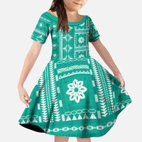 Fiji Masi All Teal Family Matching Off The Shoulder Long Sleeve Dress and Hawaiian Shirt Tapa Pattern - Polynesian Pride