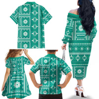 Fiji Masi All Teal Family Matching Off The Shoulder Long Sleeve Dress and Hawaiian Shirt Tapa Pattern - Polynesian Pride