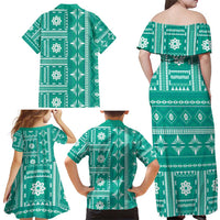 Fiji Masi All Teal Family Matching Off Shoulder Maxi Dress and Hawaiian Shirt Tapa Pattern - Polynesian Pride