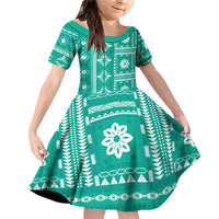 Fiji Masi All Teal Family Matching Off Shoulder Short Dress and Hawaiian Shirt Tapa Pattern - Polynesian Pride