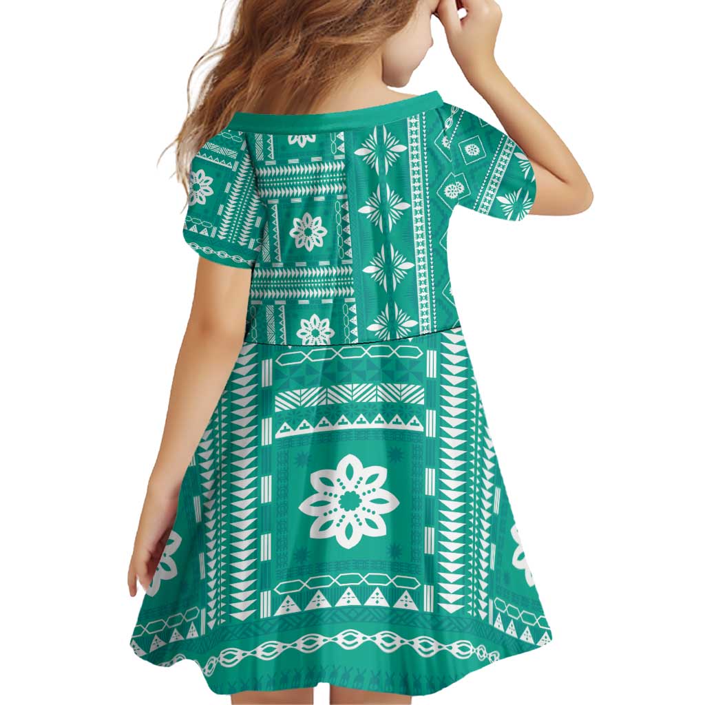 Fiji Masi All Teal Family Matching Off Shoulder Short Dress and Hawaiian Shirt Tapa Pattern - Polynesian Pride