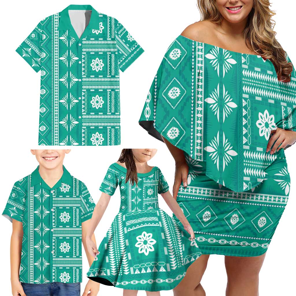 Fiji Masi All Teal Family Matching Off Shoulder Short Dress and Hawaiian Shirt Tapa Pattern - Polynesian Pride