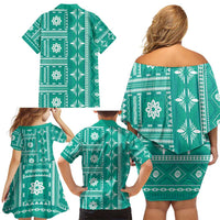 Fiji Masi All Teal Family Matching Off Shoulder Short Dress and Hawaiian Shirt Tapa Pattern - Polynesian Pride