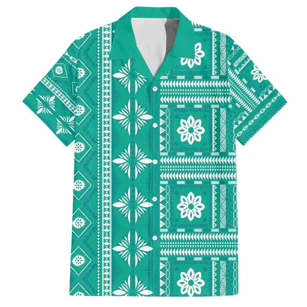 Fiji Masi All Teal Family Matching Off Shoulder Short Dress and Hawaiian Shirt Tapa Pattern - Polynesian Pride