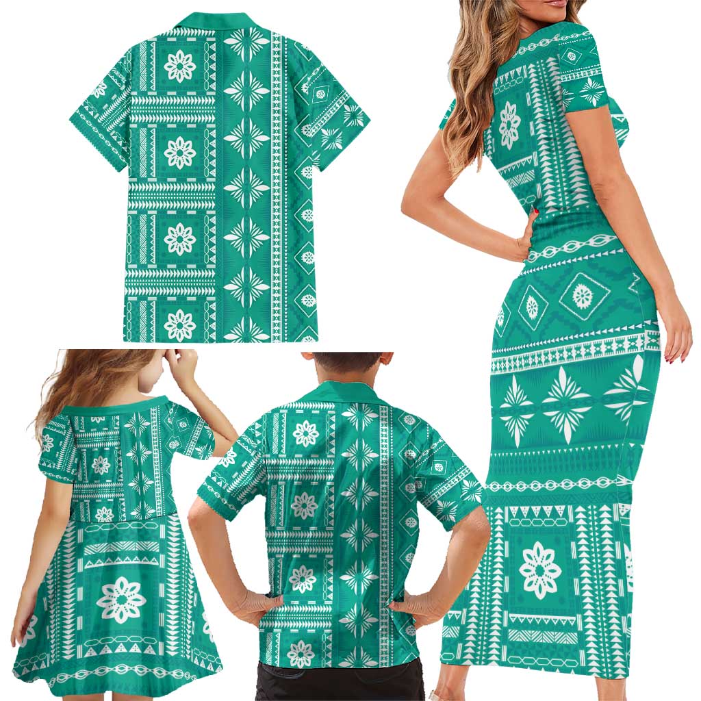 Fiji Masi All Teal Family Matching Short Sleeve Bodycon Dress and Hawaiian Shirt Tapa Pattern - Polynesian Pride