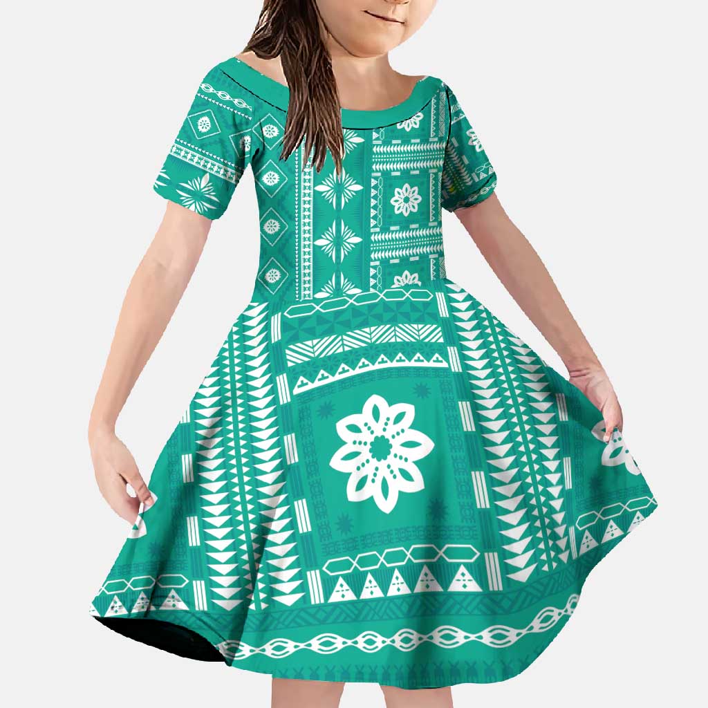 Fiji Masi All Teal Family Matching Summer Maxi Dress and Hawaiian Shirt Tapa Pattern - Polynesian Pride