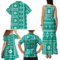 Fiji Masi All Teal Family Matching Tank Maxi Dress and Hawaiian Shirt Tapa Pattern - Polynesian Pride