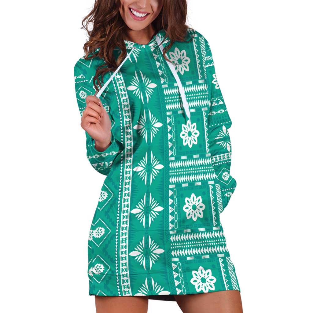 Fiji Masi All Teal Hoodie Dress Tapa Pattern - Polynesian Pride