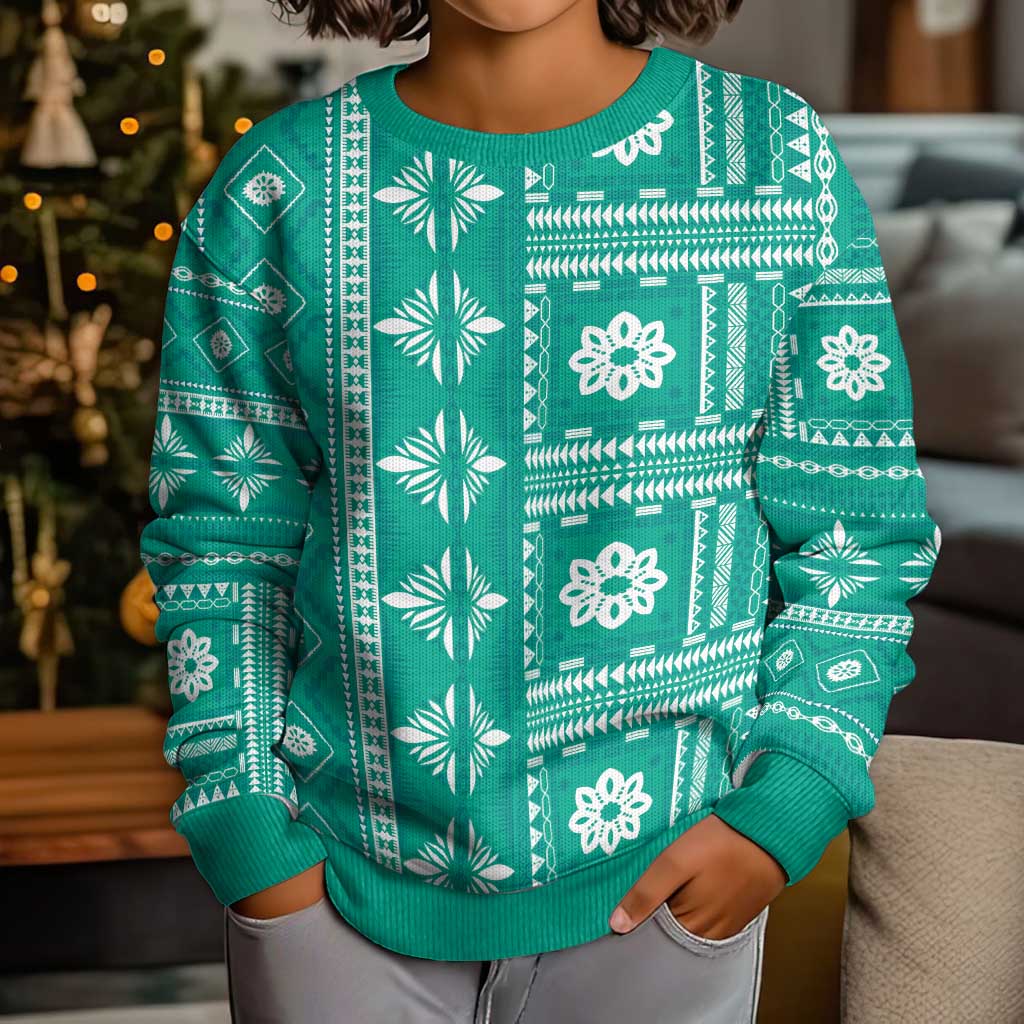 Fiji Masi All Teal Kid Ugly Christmas Sweater Tapa Pattern - Polynesian Pride