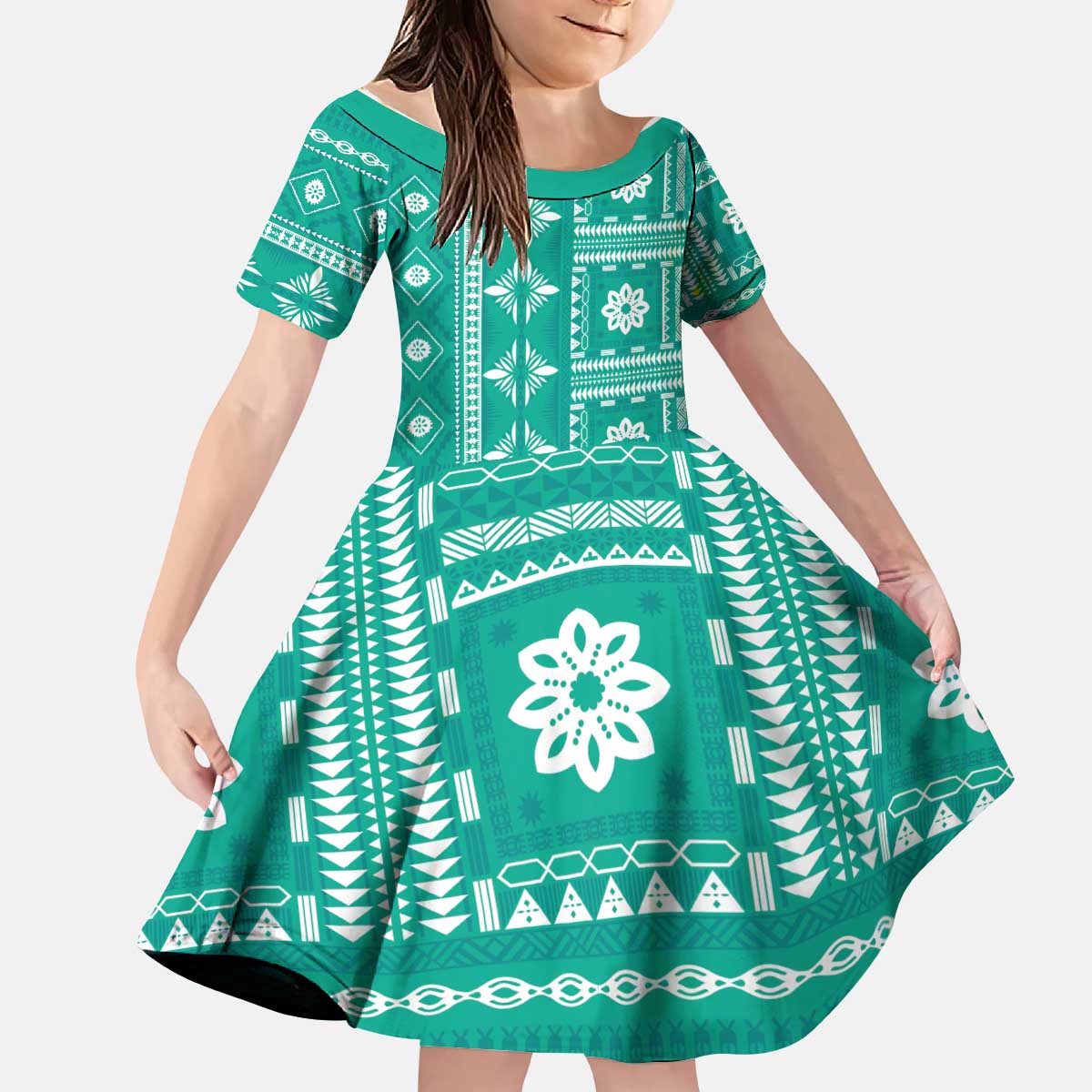 Fiji Masi All Teal Kid Short Sleeve Dress Tapa Pattern - Polynesian Pride