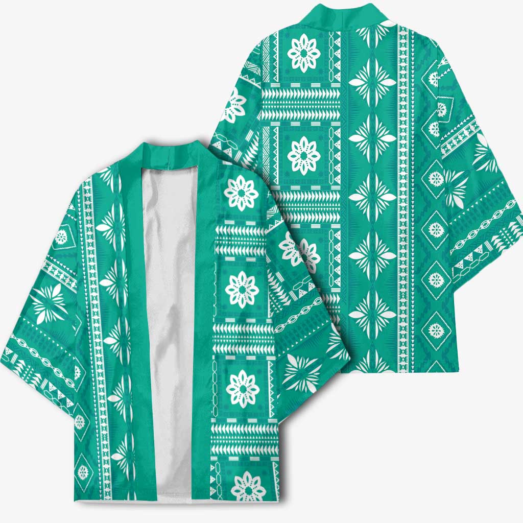 Fiji Masi All Teal Kimono Tapa Pattern - Polynesian Pride