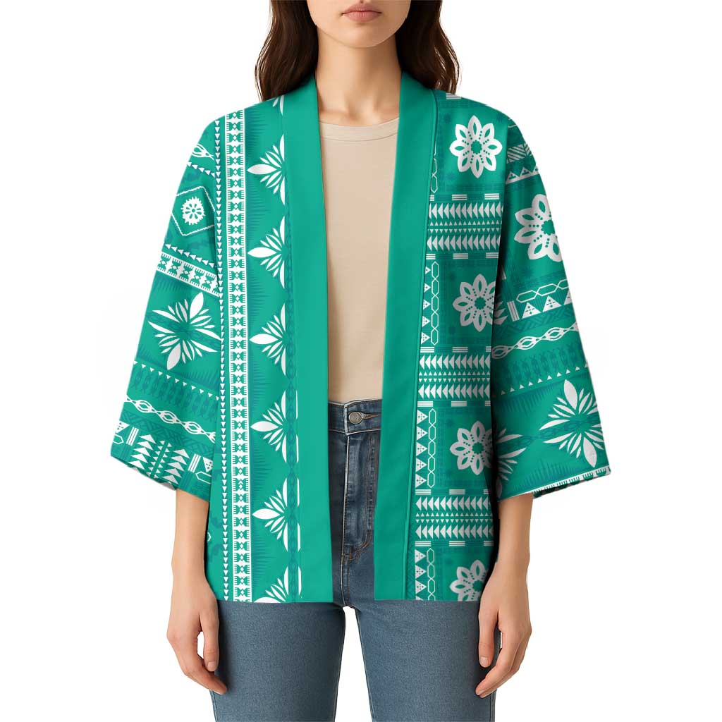 Fiji Masi All Teal Kimono Tapa Pattern - Polynesian Pride