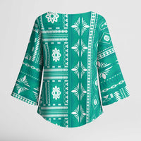 Fiji Masi All Teal Kimono Sleeve Blouse Tapa Pattern - Polynesian Pride