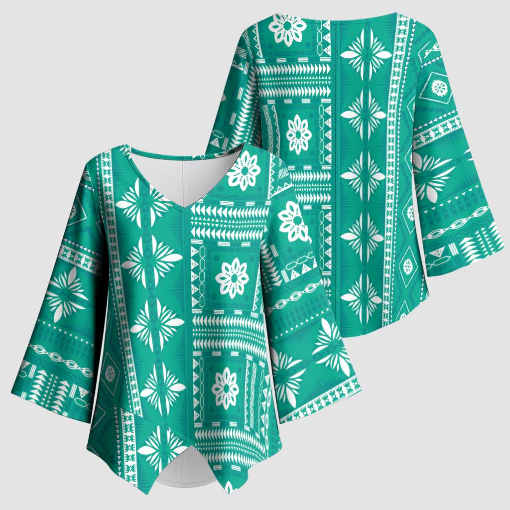 Fiji Masi All Teal Kimono Sleeve Blouse Tapa Pattern - Polynesian Pride