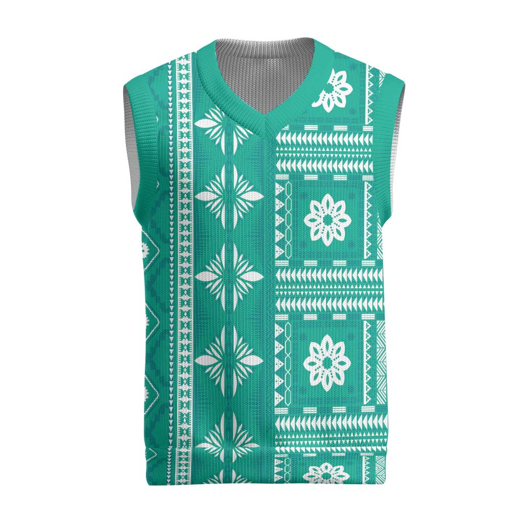 Fiji Masi All Teal Christmas Knitted V-Neck Vest Tapa Pattern - Polynesian Pride