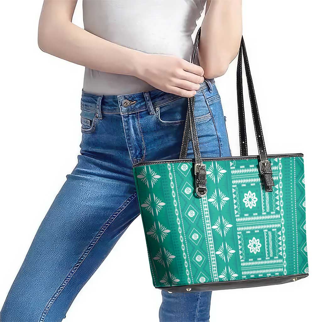 Fiji Masi All Teal Leather Tote Bag Tapa Pattern - Polynesian Pride