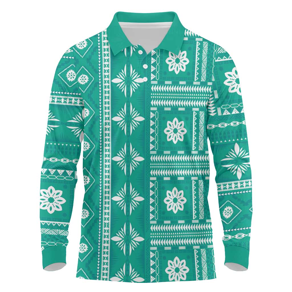 Fiji Masi All Teal Long Sleeve Polo Shirt Tapa Pattern - Polynesian Pride