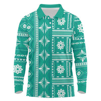 Fiji Masi All Teal Long Sleeve Polo Shirt Tapa Pattern - Polynesian Pride