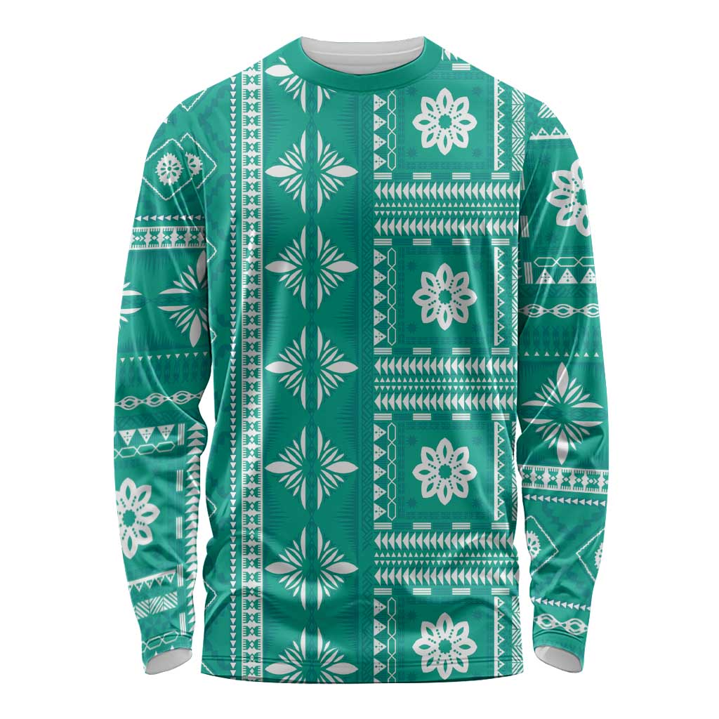 Fiji Masi All Teal Long Sleeve Shirt Tapa Pattern - Polynesian Pride