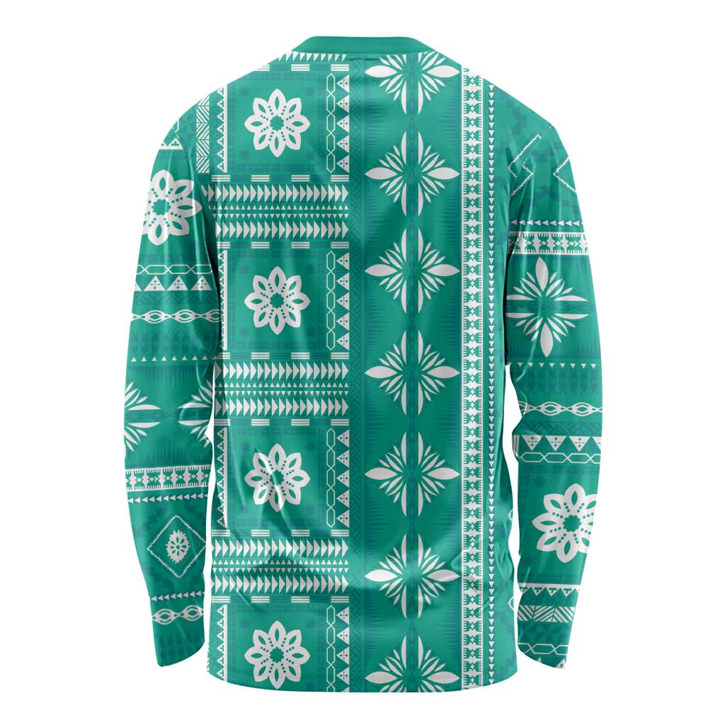 Fiji Masi All Teal Long Sleeve Shirt Tapa Pattern - Polynesian Pride