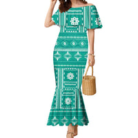 Fiji Masi All Teal Mermaid Dress Tapa Pattern - Polynesian Pride