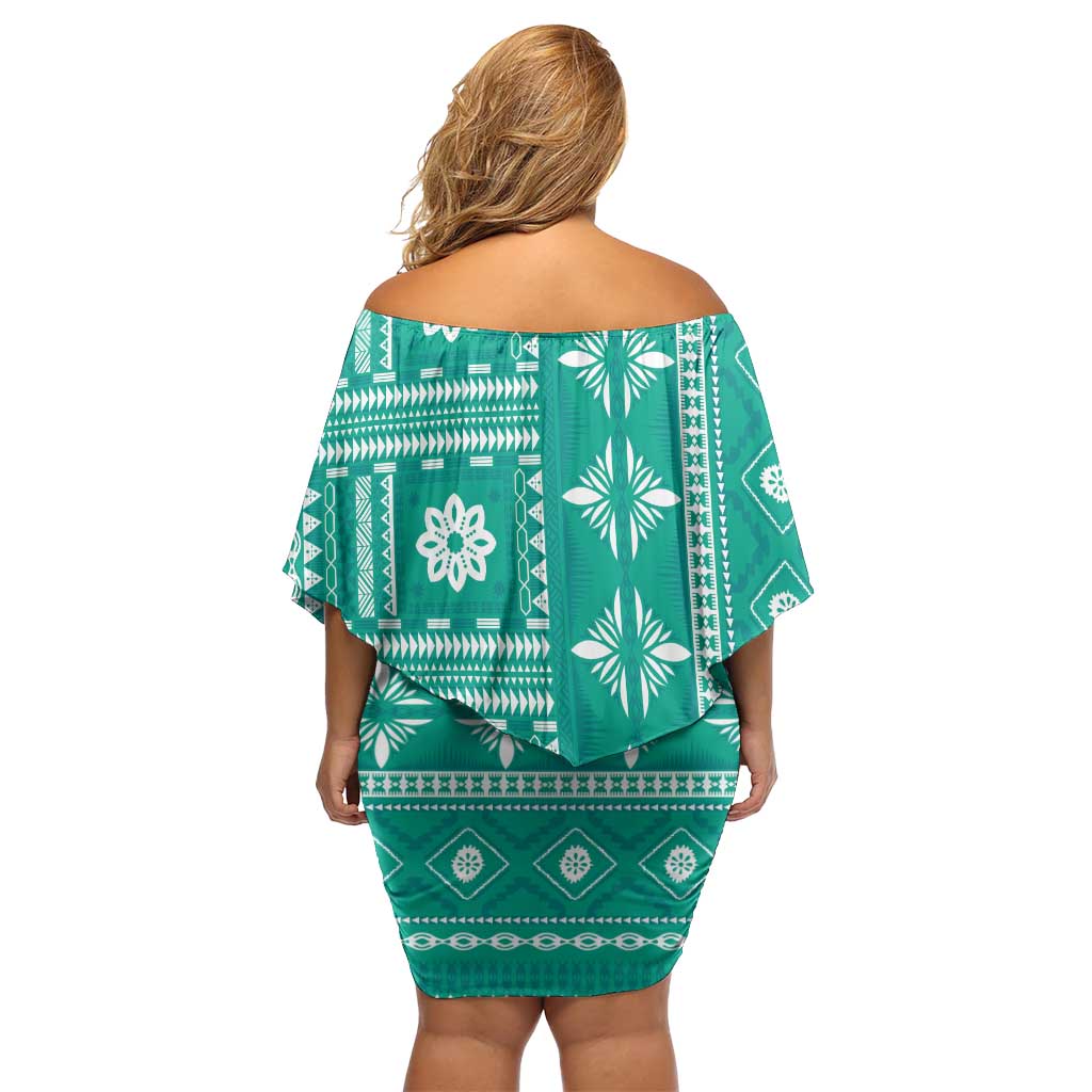 Fiji Masi All Teal Off Shoulder Short Dress Tapa Pattern - Polynesian Pride