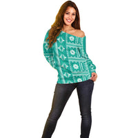 Fiji Masi All Teal Off Shoulder Sweater Tapa Pattern - Polynesian Pride