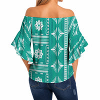 Fiji Masi All Teal Off Shoulder Wrap Waist Top Tapa Pattern LT01 - Polynesian Pride