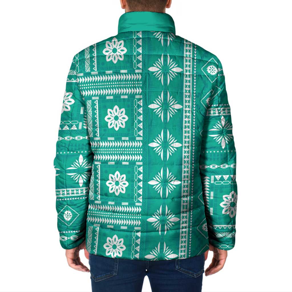 Fiji Masi All Teal Padded Jacket Tapa Pattern - Polynesian Pride