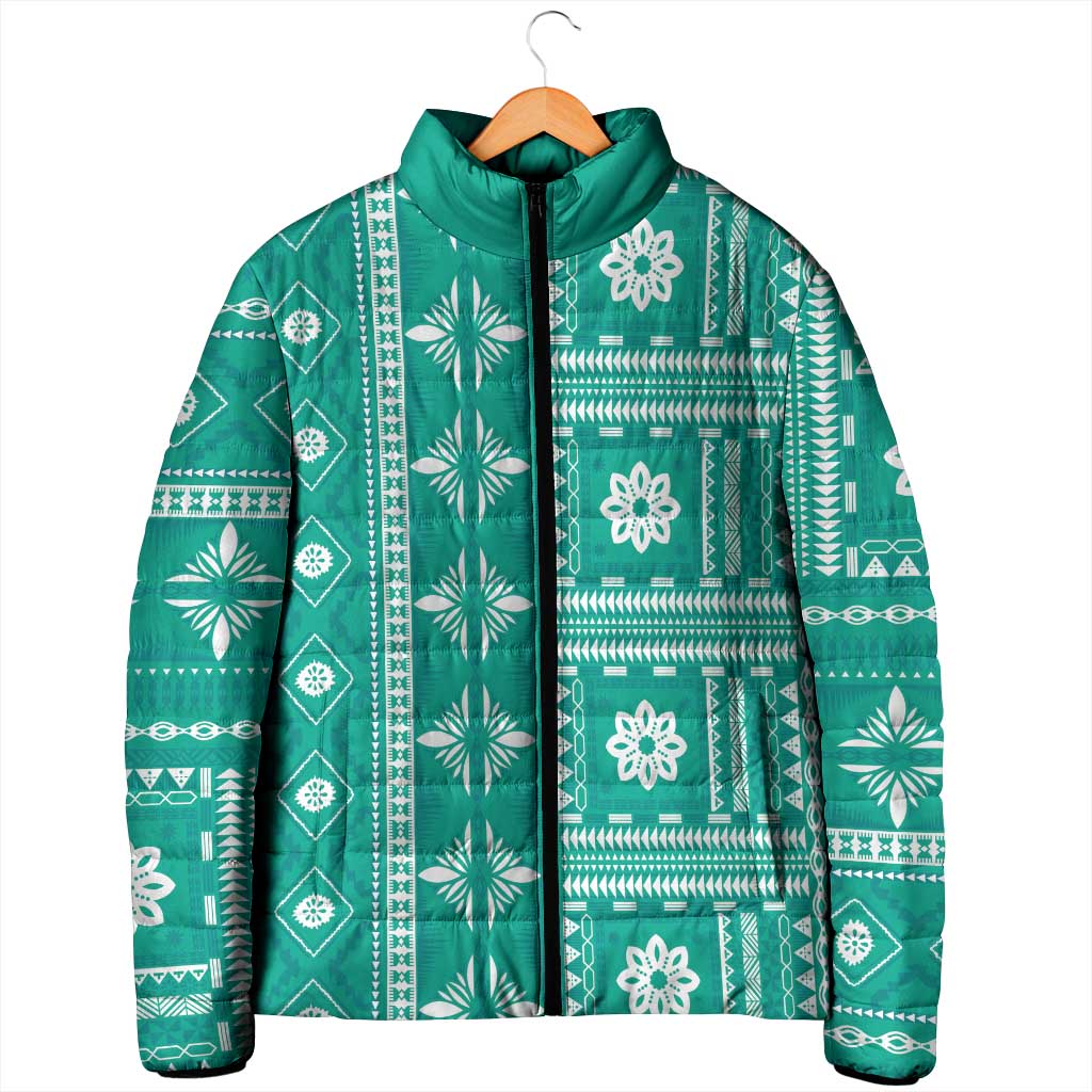 Fiji Masi All Teal Padded Jacket Tapa Pattern - Polynesian Pride