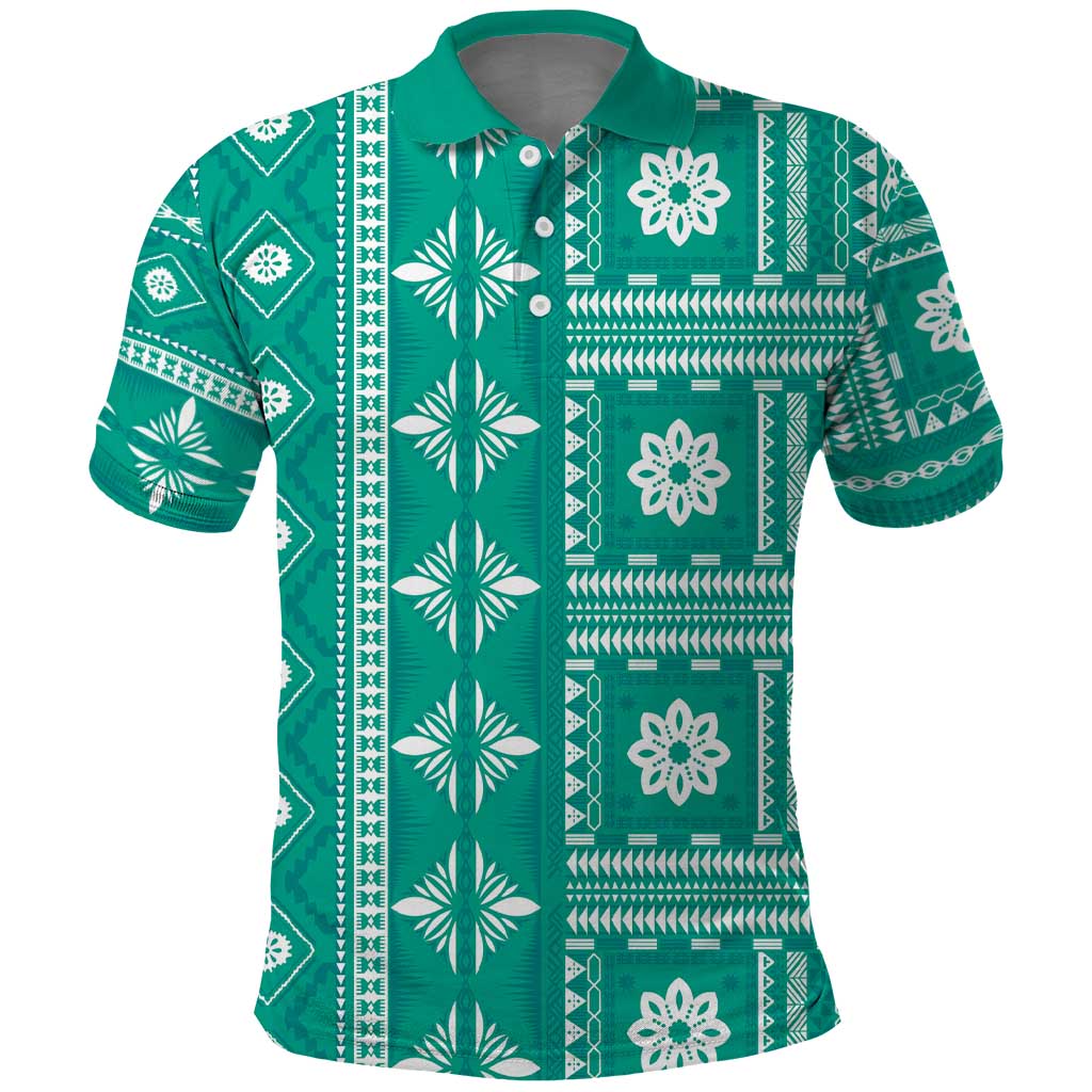 Fiji Masi All Teal Polo Shirt Tapa Pattern - Polynesian Pride