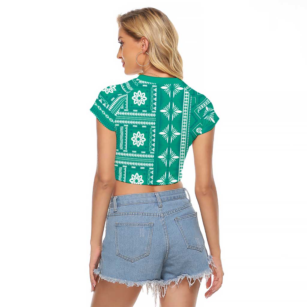 Fiji Masi All Teal Raglan Cropped T Shirt Tapa Pattern - Polynesian Pride