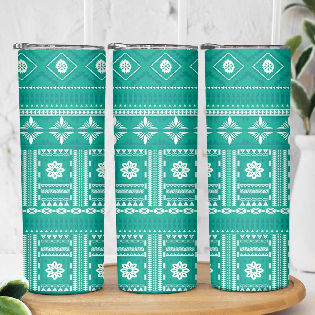 Fiji Masi All Teal Skinny Tumbler Tapa Pattern - Polynesian Pride