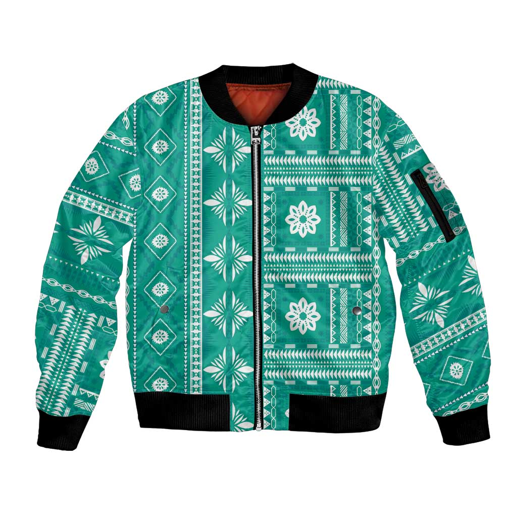 Fiji Masi All Teal Sleeve Zip Bomber Jacket Tapa Pattern - Polynesian Pride