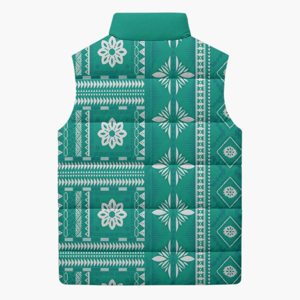 Fiji Masi All Teal Sleeveless Puffer Jacket Tapa Pattern - Polynesian Pride